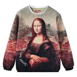 NEW VERY RARE men's long sleeve jacquard mona lisa sweater in red multi